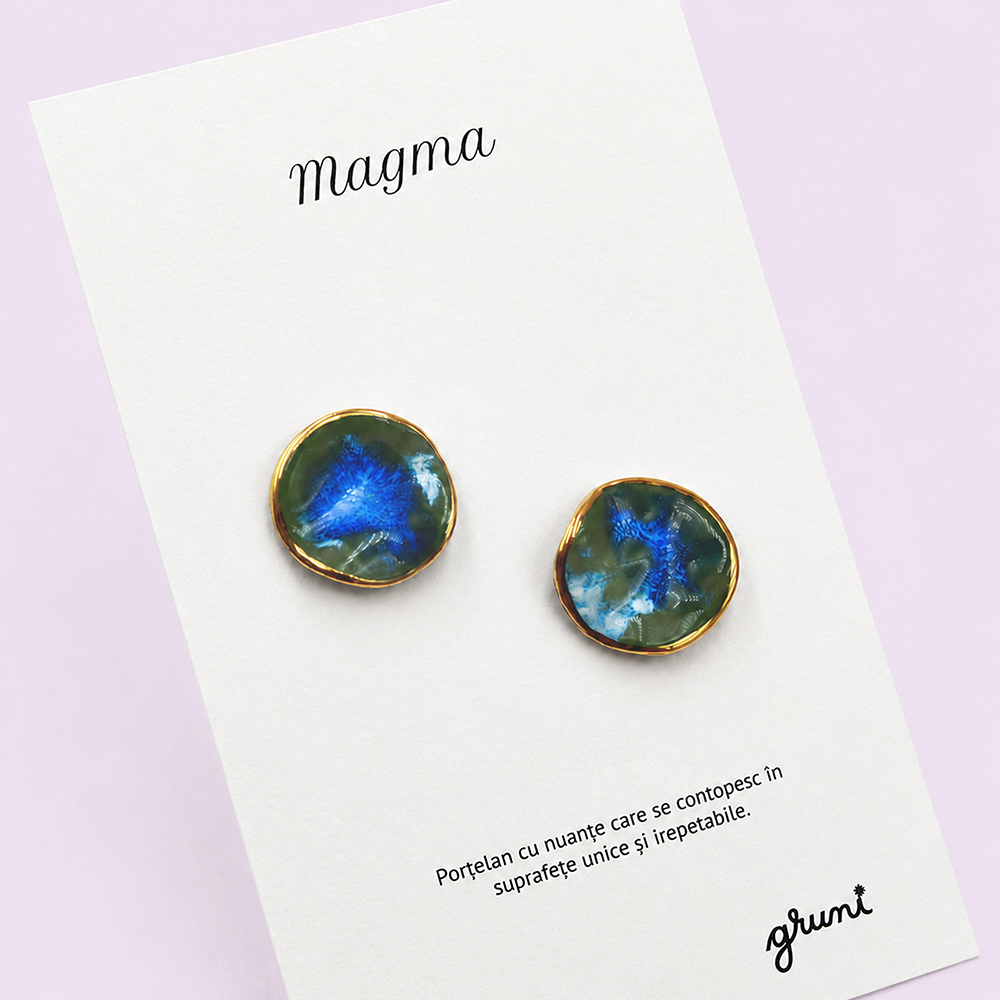 Cercei Magma, verde-albastru cu aur, din porțelan glazurat - imagine 2