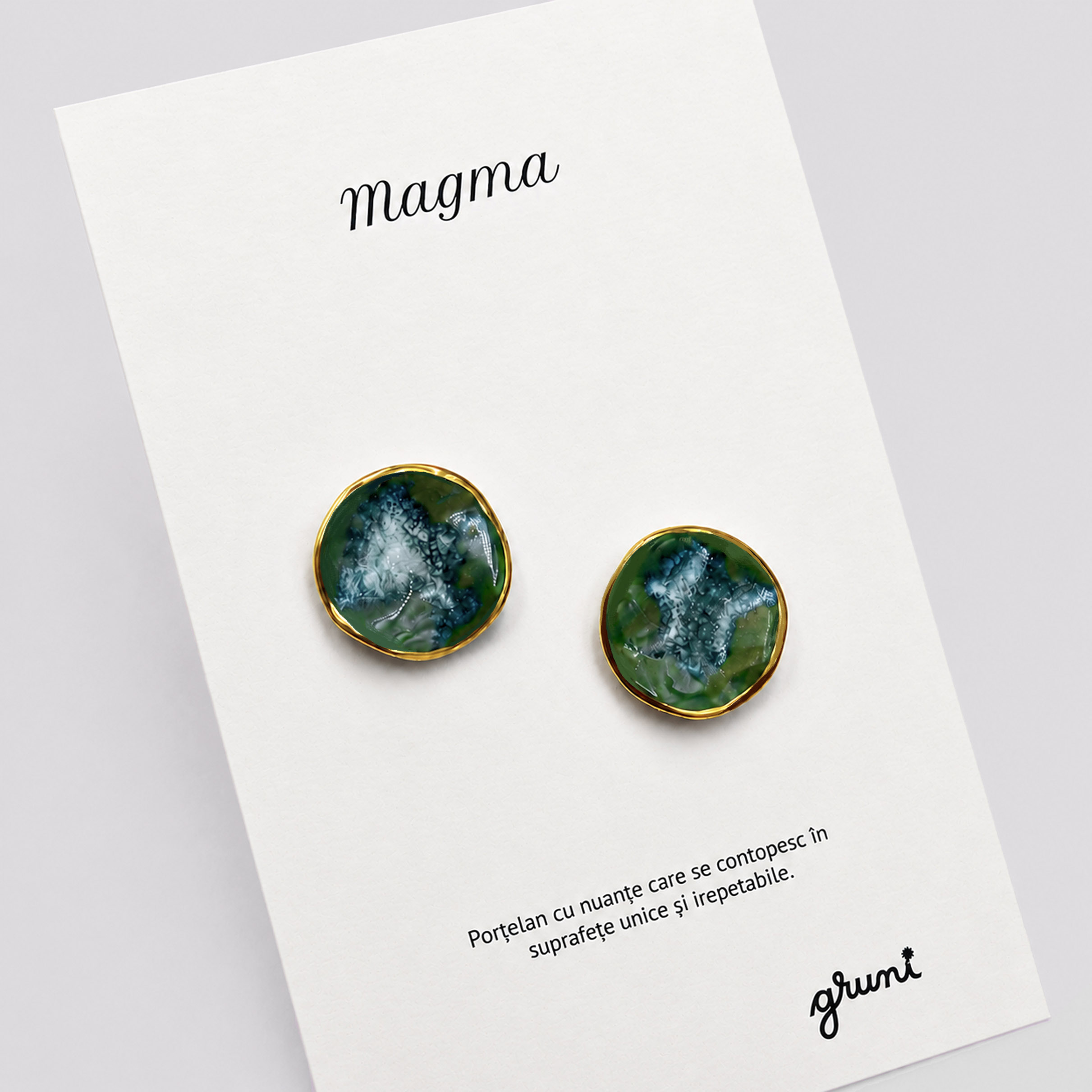 Cercei Magma, verde cu aur, din porțelan glazurat - imagine 3