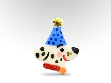 Broșă mică mărțișor, Party animals - Cățel cu coif albastru decorat cu aur