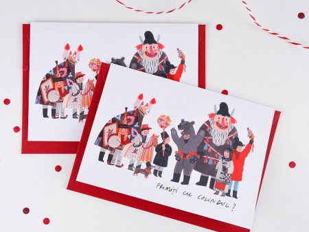 Felicitare Primiți cu colindul?, format C6 cu plic roșu inclus. Decorată cu o ilustrație originală de Livia Coloji. Print profesional pe hârtie reciclată