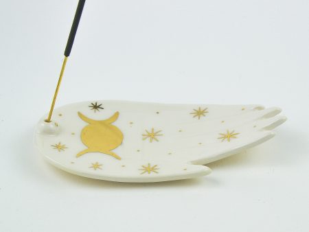 Suport pentru bețigaș parfumat Triple Moon, desen cu aur pe ceramică. Dimensiuni 10x 15 cm. Design de autor, manufactură Gruni