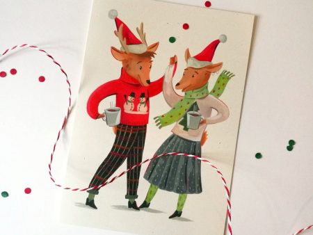 Felicitare cu plic, din hârtie reciclată – Party Animals, cu plic roșu C6 inclus. Ilustrație originală de Livia Coloji.