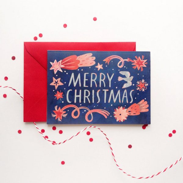 Felicitare Merry Christmas format C6 cu plic roșu inclus. Decorată cu o ilustrație originală de Livia Coloji.
