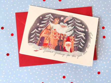 Felicitare Krampus & Santa, format C6 cu plic roșu inclus. Decorată cu o ilustrație originală de Livia Coloji. Print profesional pe hârtie reciclată