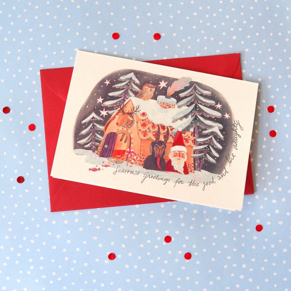 Felicitare Krampus & Santa, format C6 cu plic roșu inclus. Decorată cu o ilustrație originală de Livia Coloji. Print profesional pe hârtie reciclată